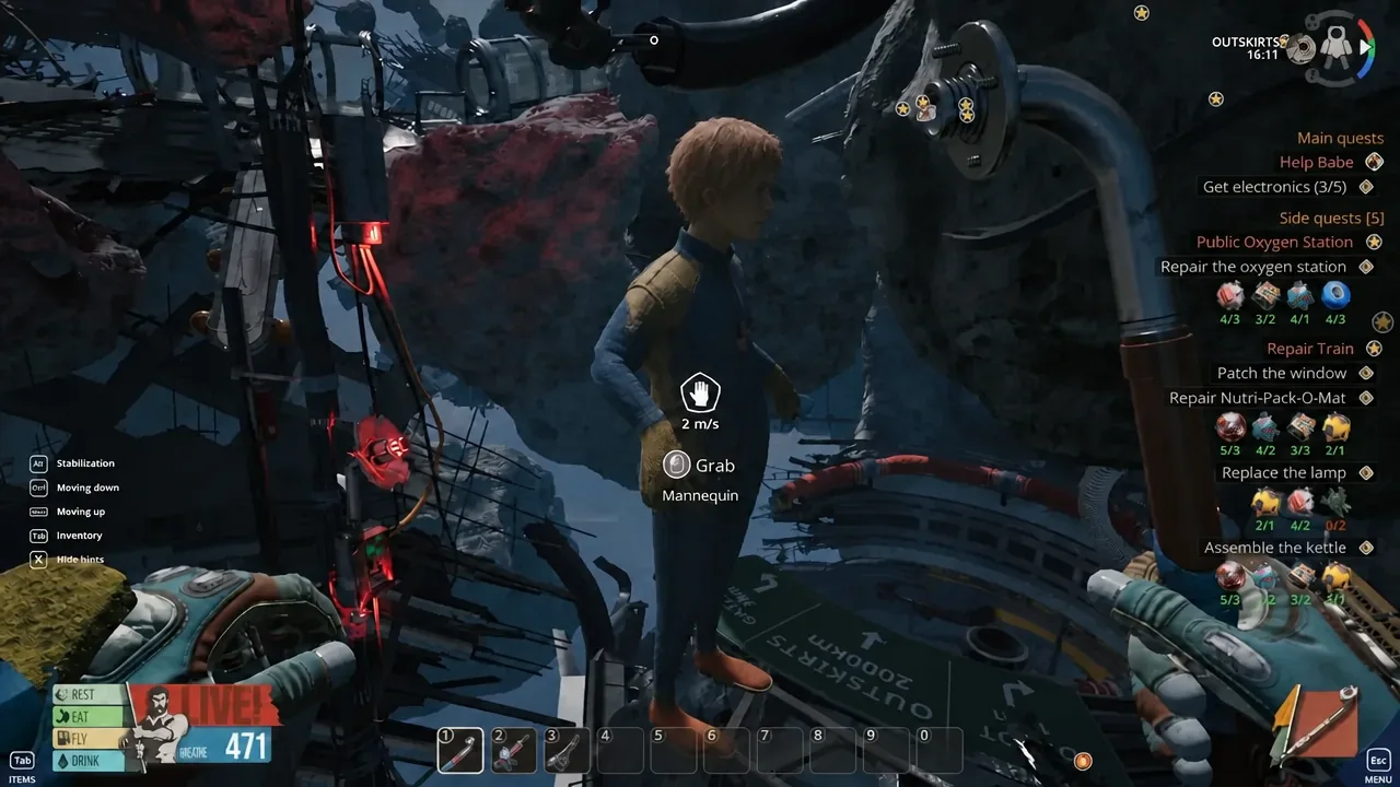 Grab Mannequin prompt centered on screen as the player lines up the third rag doll figure