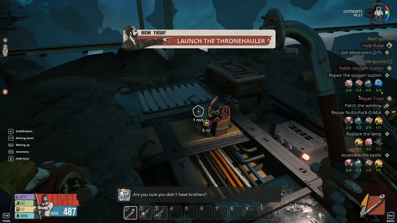 New task banner reading Launch the Thronehauler as the player nears the toilet rocket platform