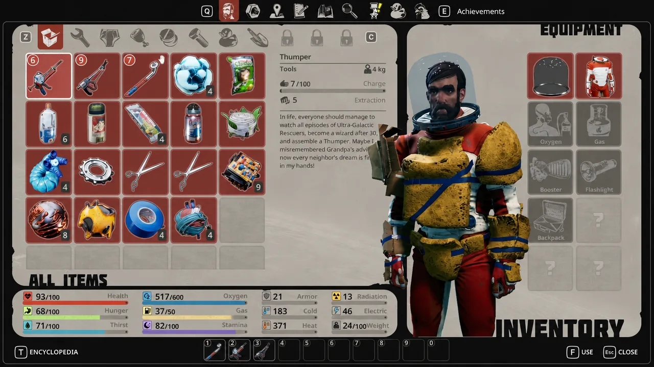 Equipment menu with the Thumper tool selected, showing its charge and extraction values