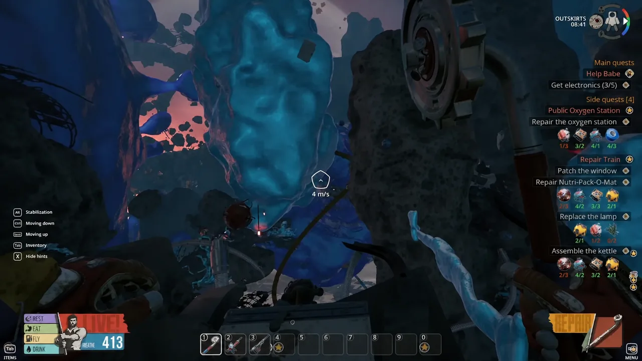 Flying through the Outskirts below the station platform with the oxygen station repair objective tracked