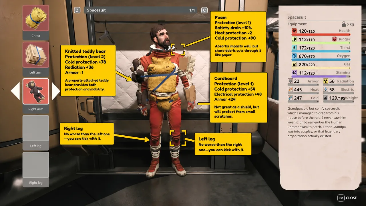 Spacesuit screen with the Right arm slot selected, showing the Knitted teddy bear protection stats