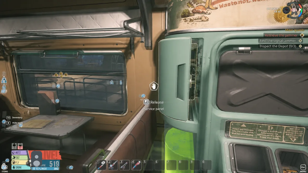 A Service panel in the Outskirts with the Release interaction prompt on screen
