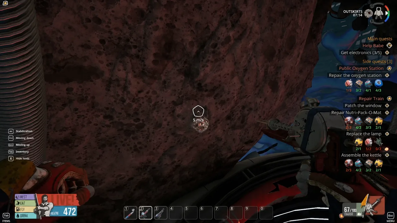 Crosshair locked on a target five metres away in the Outskirts with the Repair Train objective tracked