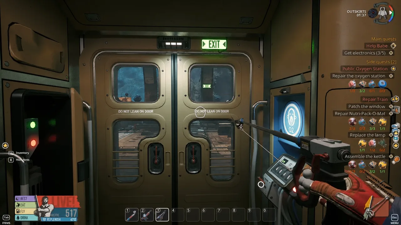 Player aims a handheld tool at the double doors under the lit EXIT sign inside the station