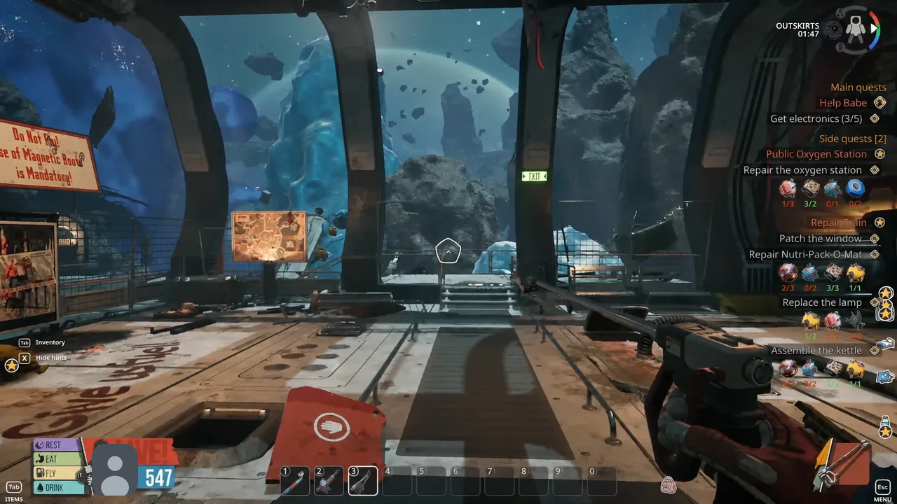 Outskirts gameplay with the objective list showing electronics collection and train repair tasks