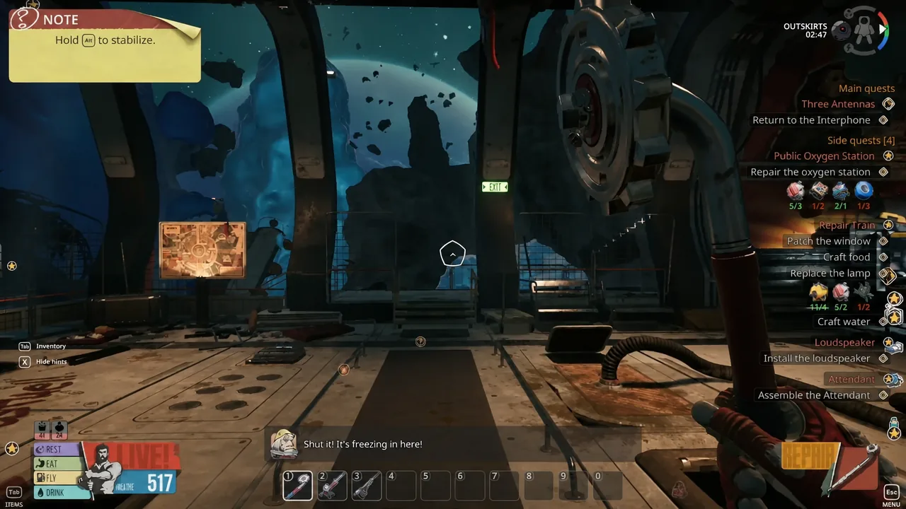 Prompt in open space telling the player to hold Alt to stabilize while drifting outside the station