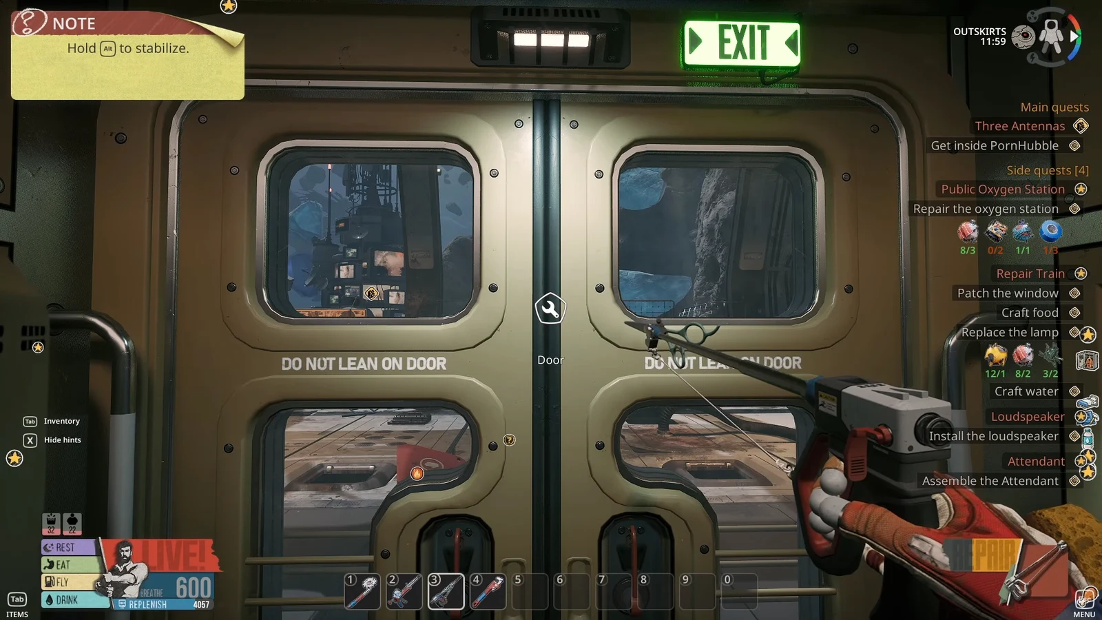 Door interaction prompt centered on the sealed EXIT doors while aiming with a handheld tool