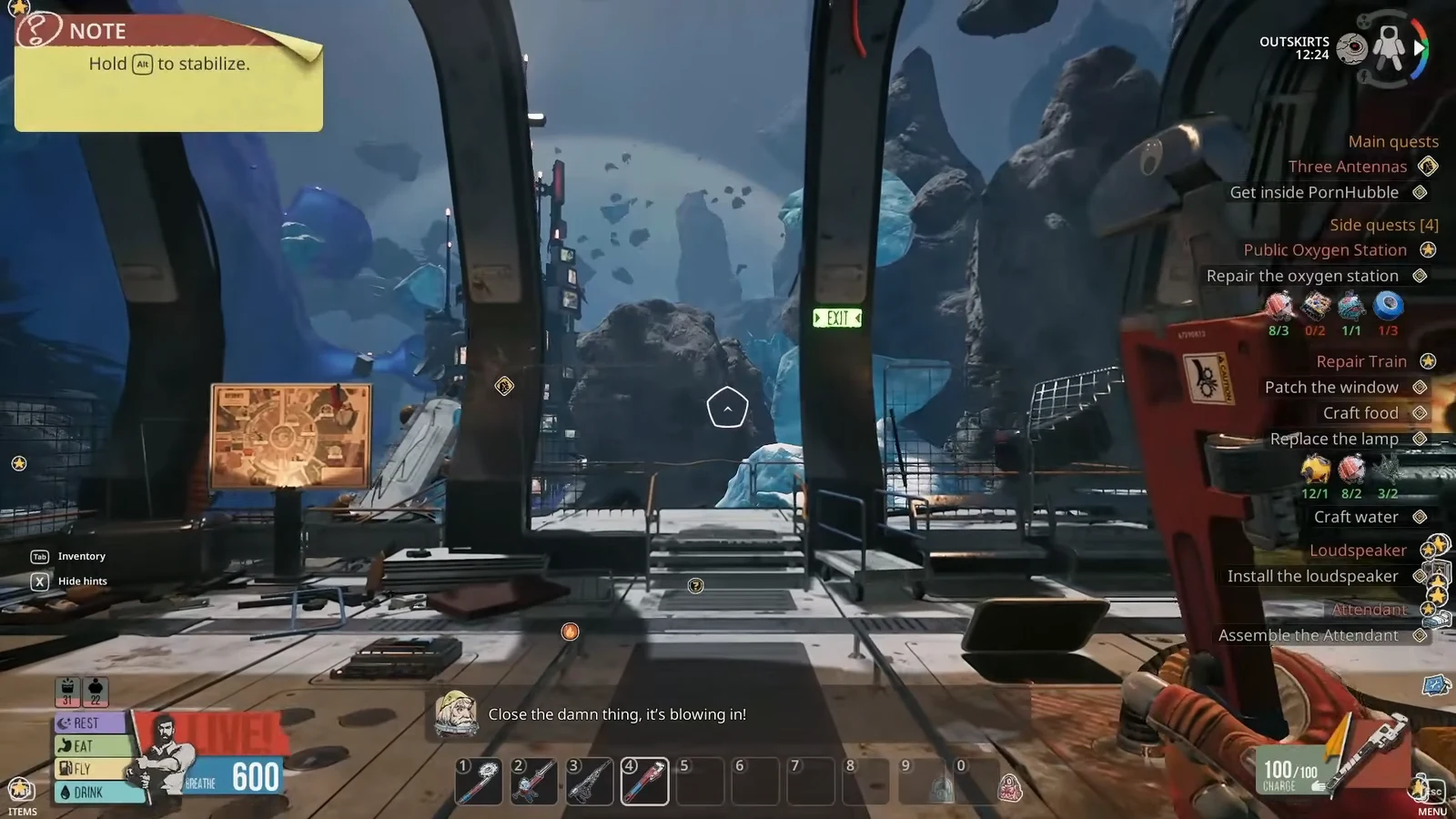 First-person view inside the Outskirts base with the hold Alt to stabilize note while moving toward the exit