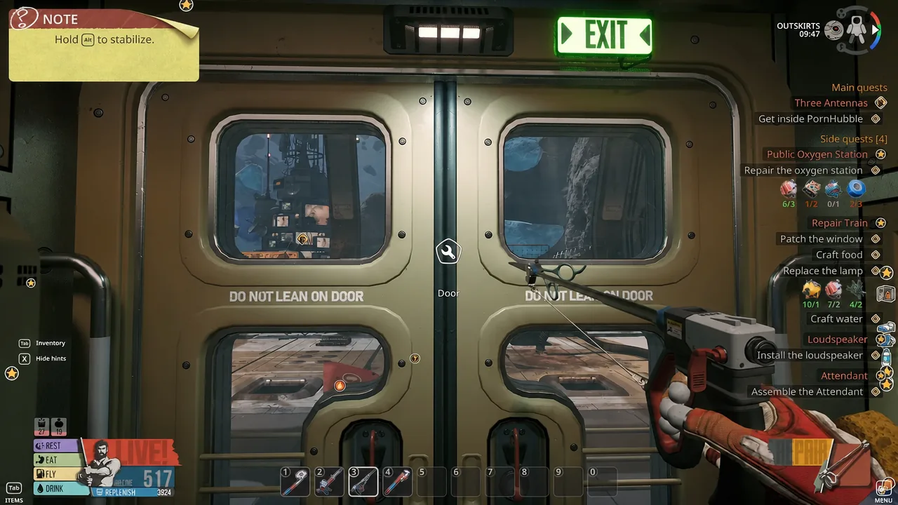 Door interaction prompt centered on the sealed EXIT doors while aiming with a handheld tool