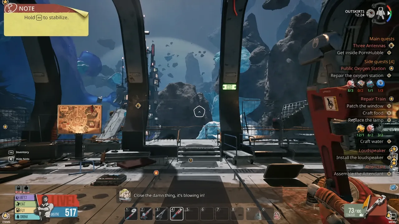 First-person view inside the Outskirts base with the hold Alt to stabilize note while moving toward the exit