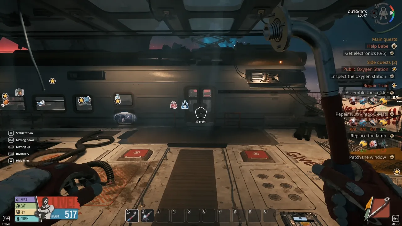 Floating back through the Outskirts wreckage toward the cabin door after gathering plastic