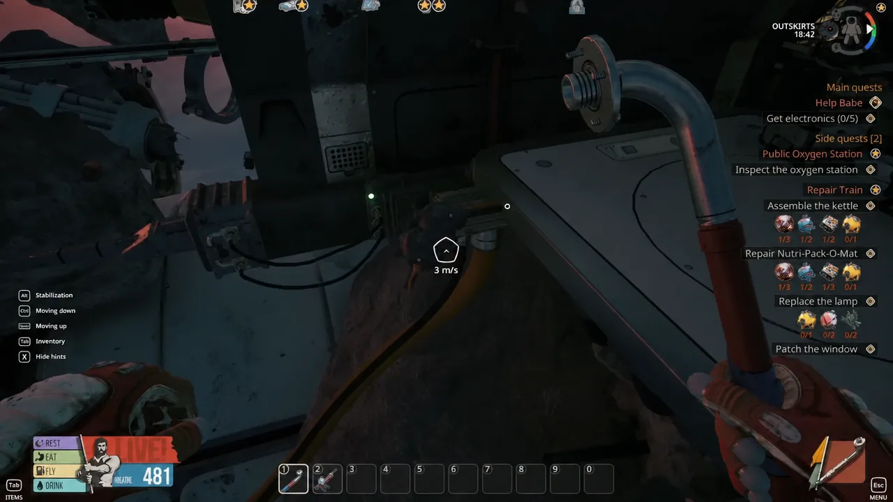 Player closing in on a pipe assembly in the Outskirts with the melee tool raised