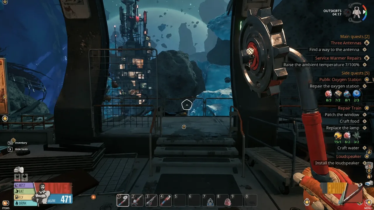 Outskirts quest tracker showing the Find a way to the antenna objective while approaching the antenna structure