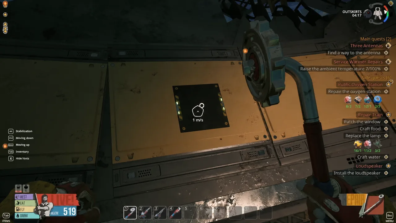 Highlighted panel targeted with a handheld tool, showing the interaction prompt on a harvestable surface