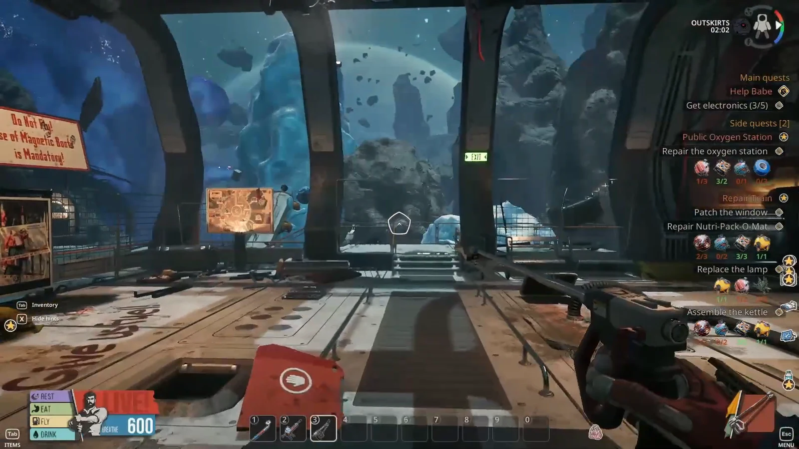 Outskirts gameplay with the objective list showing electronics collection and train repair tasks