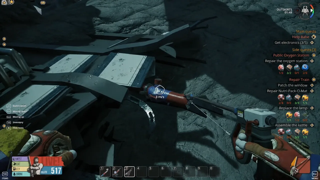 A taped pipe sitting in a pile of floating debris outside the station
