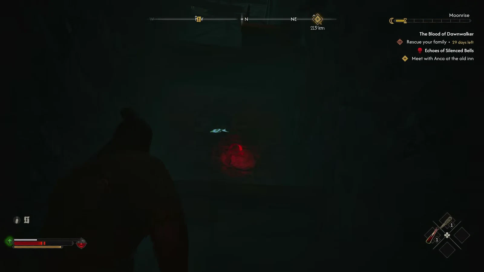 Coen faces a red-glowing target inside the tower with the quest objectives visible on the left