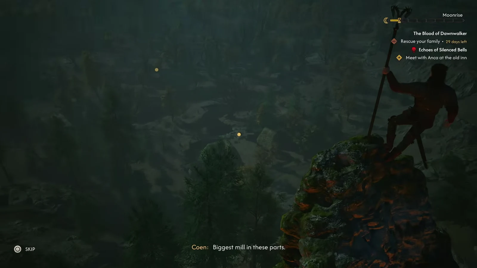Coen pulls himself up a rocky ledge at night with the quest tracker showing Echoes of Silenced Bells