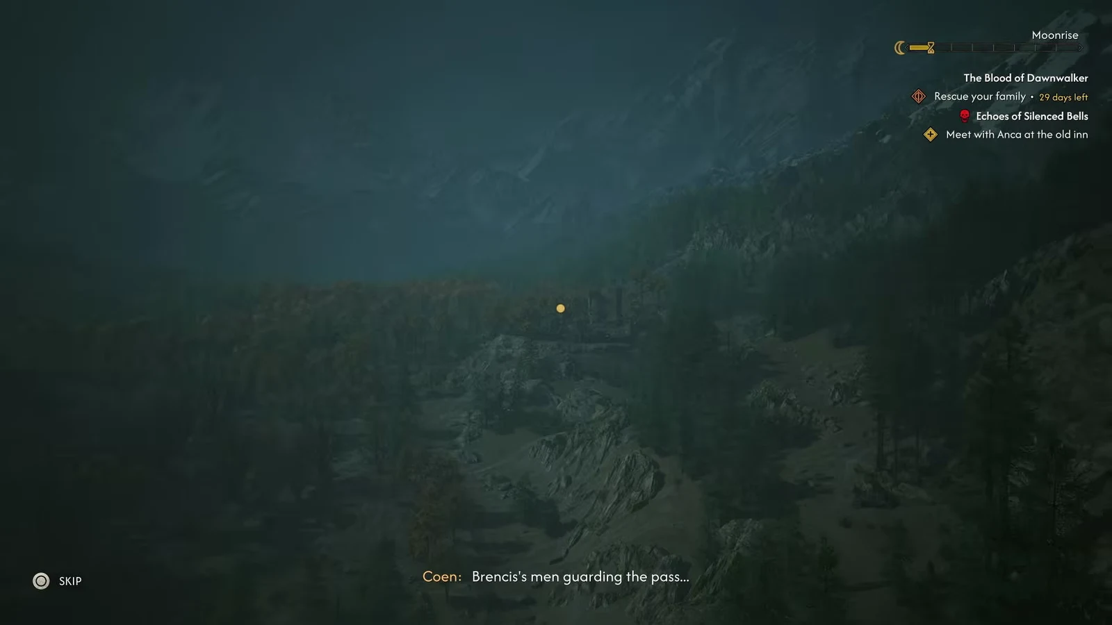 Cutscene subtitle reading Brencis's men guarding the pass with a SKIP prompt on screen