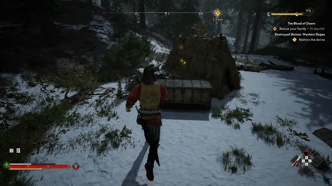 Player standing over the bandit camp loot chest with the compass and objective tracker on screen