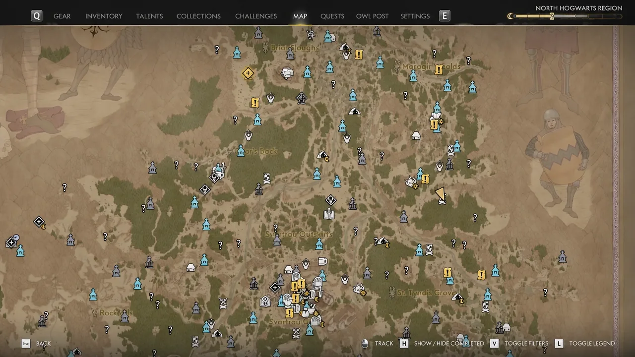 World map screen open on the MAP tab with the eastern Briar Sloughs bandit camp marker among nearby icons