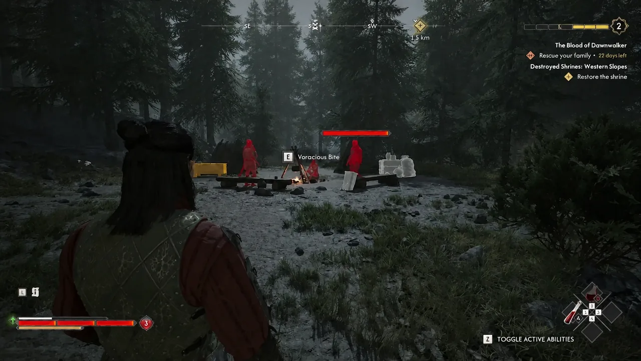 Combat at the bandit campfire with the E prompt for Voracious Bite showing on screen