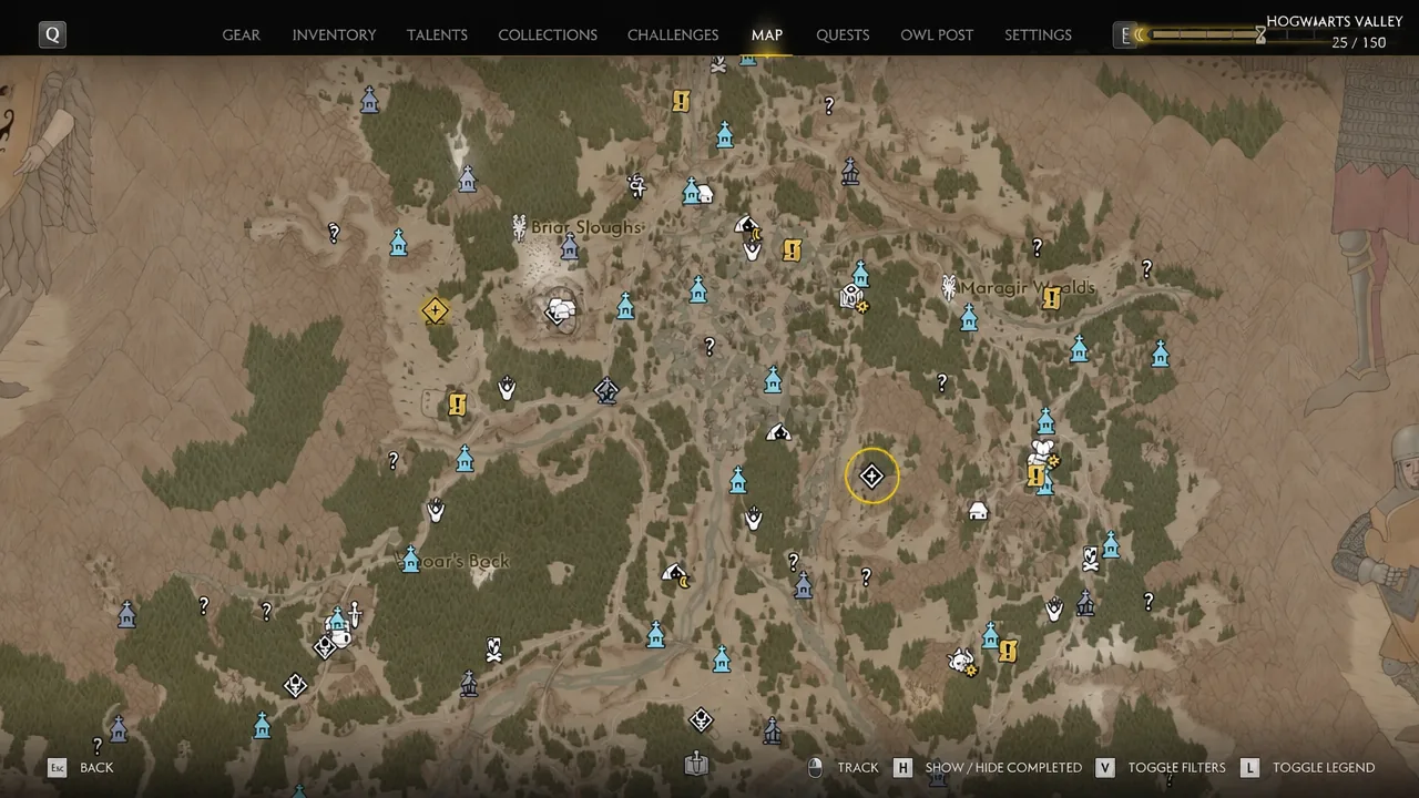 Map screen with the buried treasure marker selected south of the bandit camp