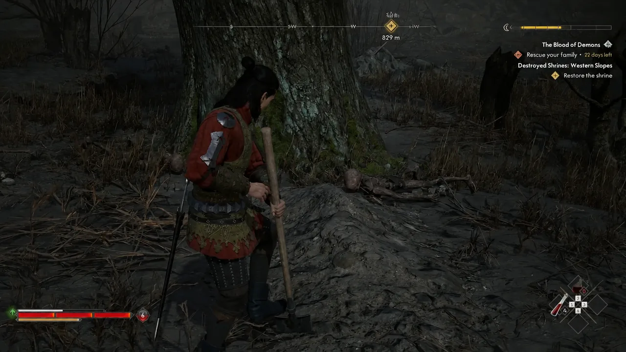 Coen holding a shovel beside a body at the swamp dig spot with the quest tracker visible