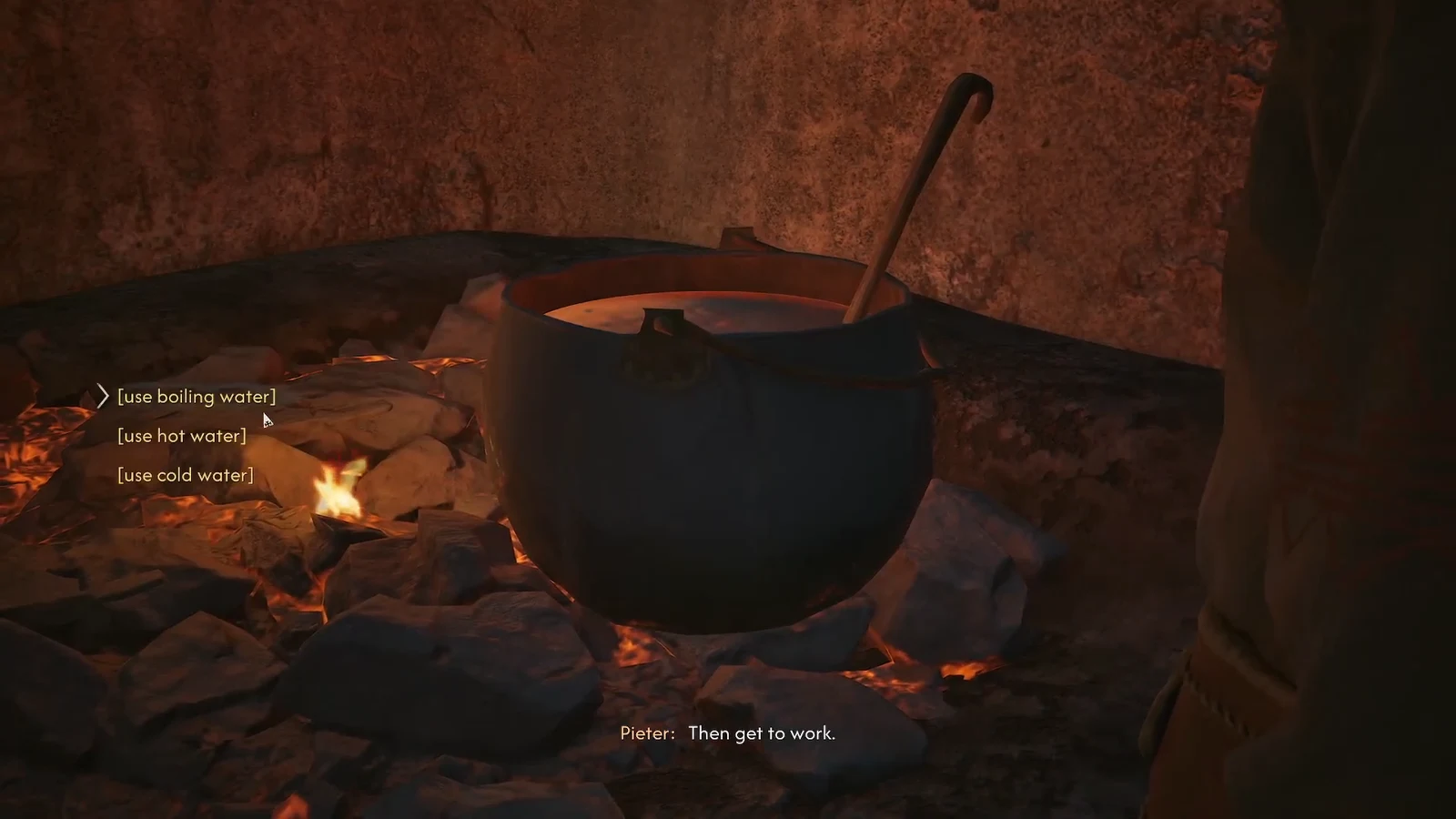 Cauldron dialogue menu with the boiling water option highlighted at the top of the list