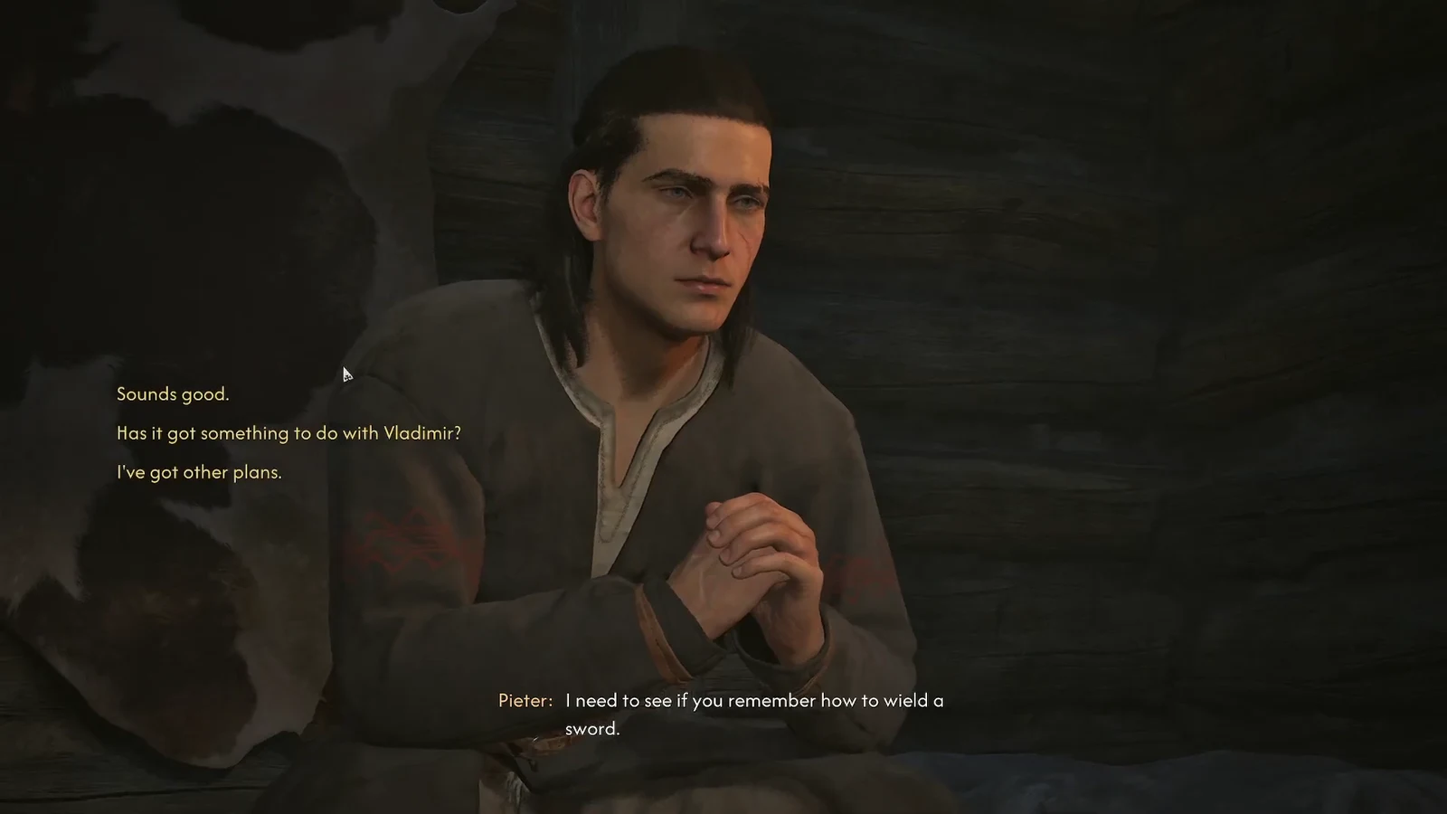 Dialogue options with Pieter including Sounds good and a question about Vladimir