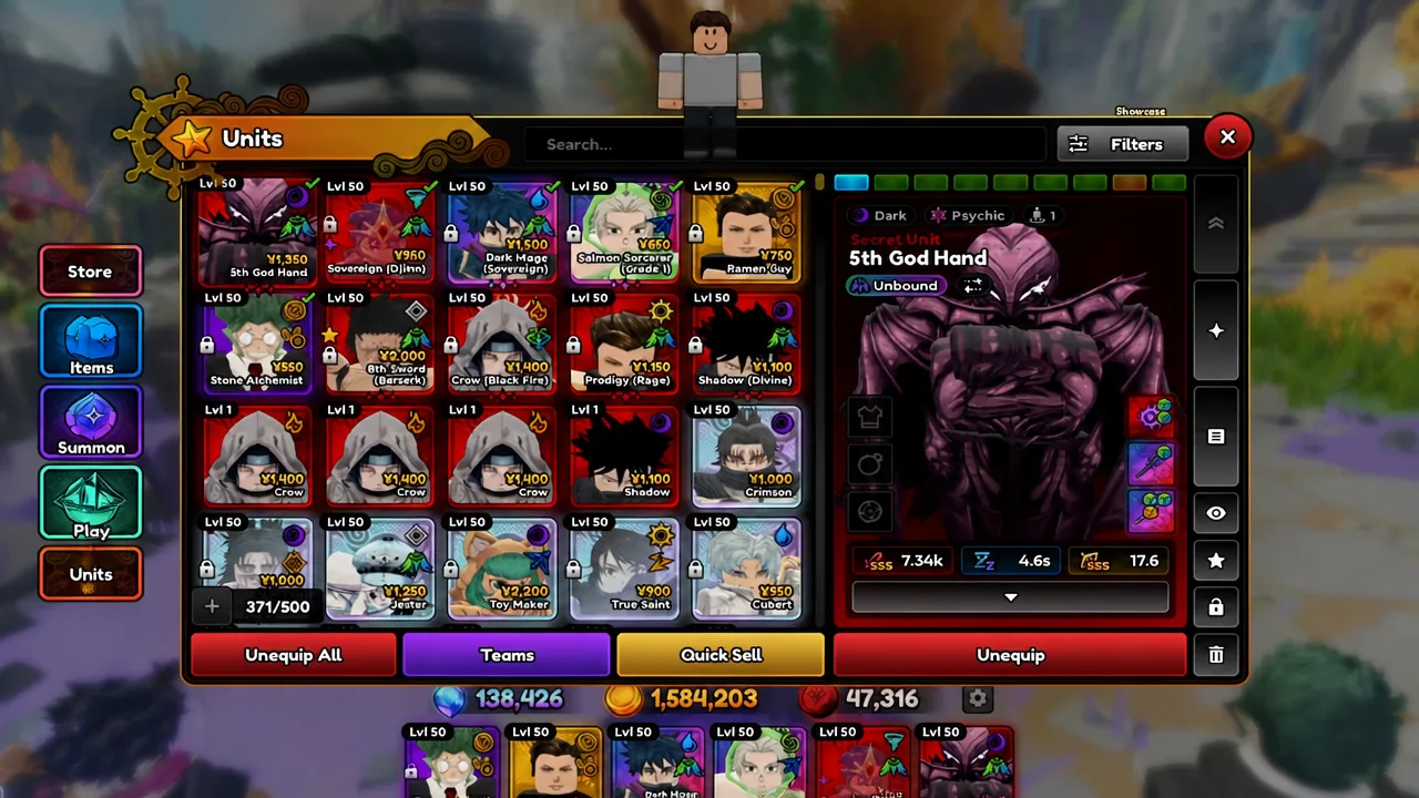 Units menu with 5th God Hand selected, showing its trait, stats and equipped relics