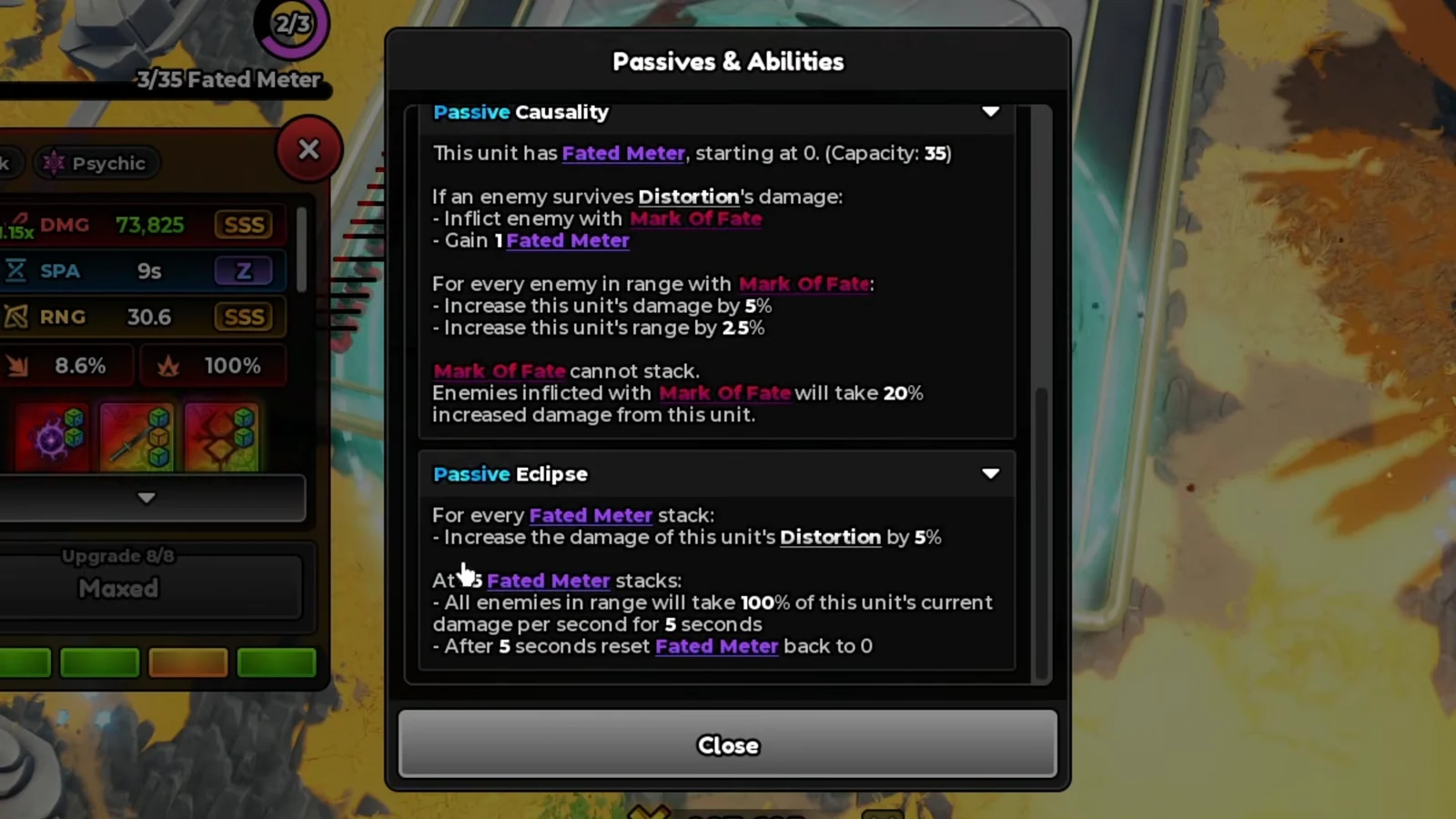 Passives and Abilities panel listing the Causality and Eclipse passive descriptions