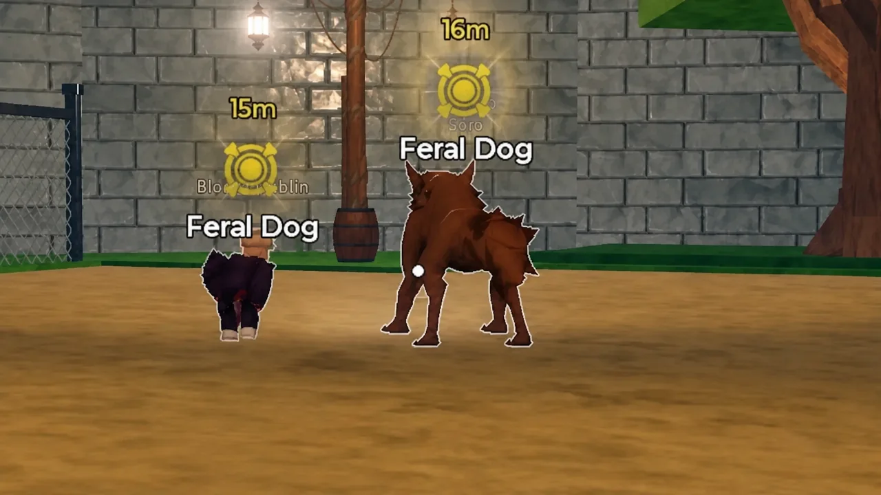 Two Feral Dog enemies marked at 15m and 16m during the Advanced Training quest