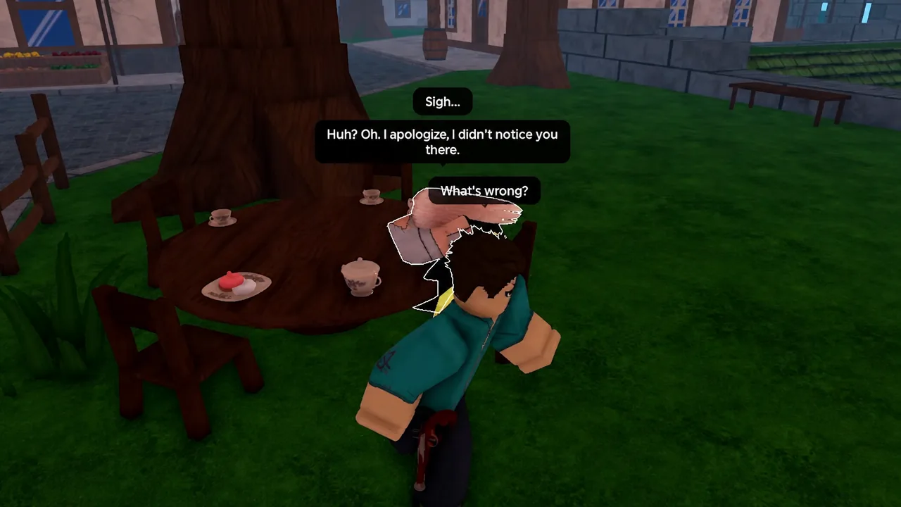 Dialogue menu with the What's wrong? option highlighted during an NPC conversation