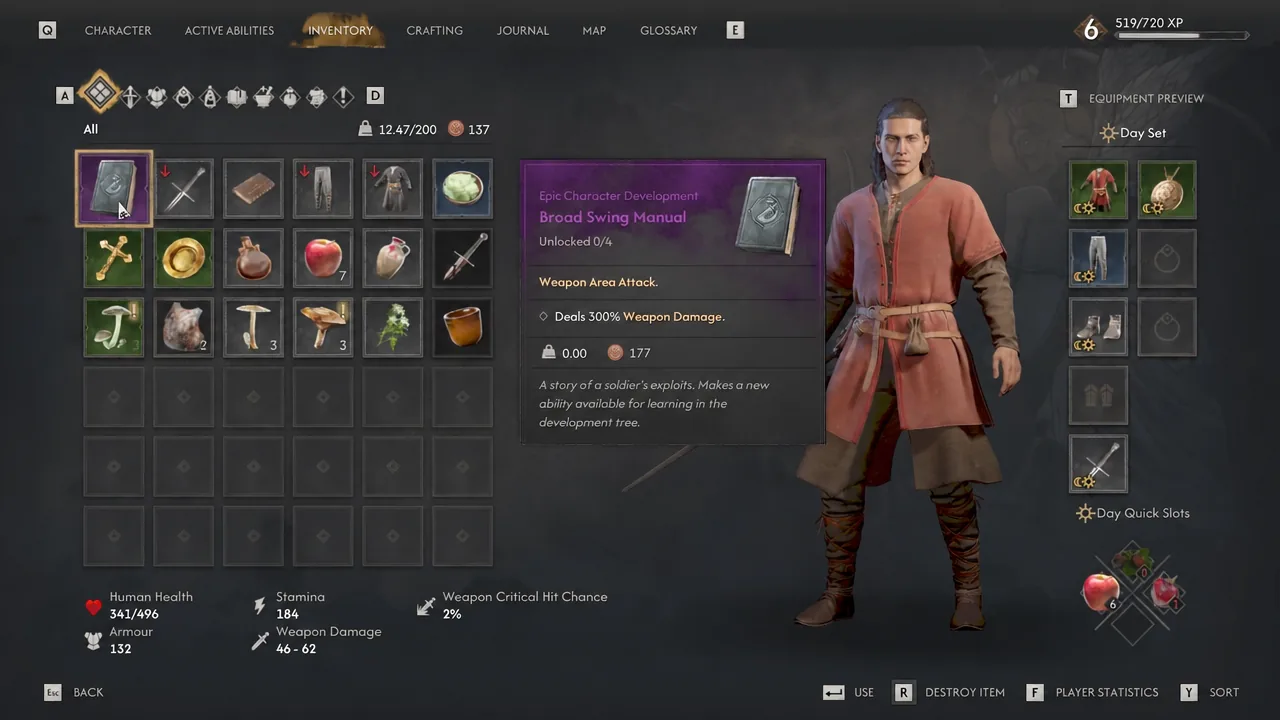 Inventory screen with the Broad Swing Manual selected and its description panel open