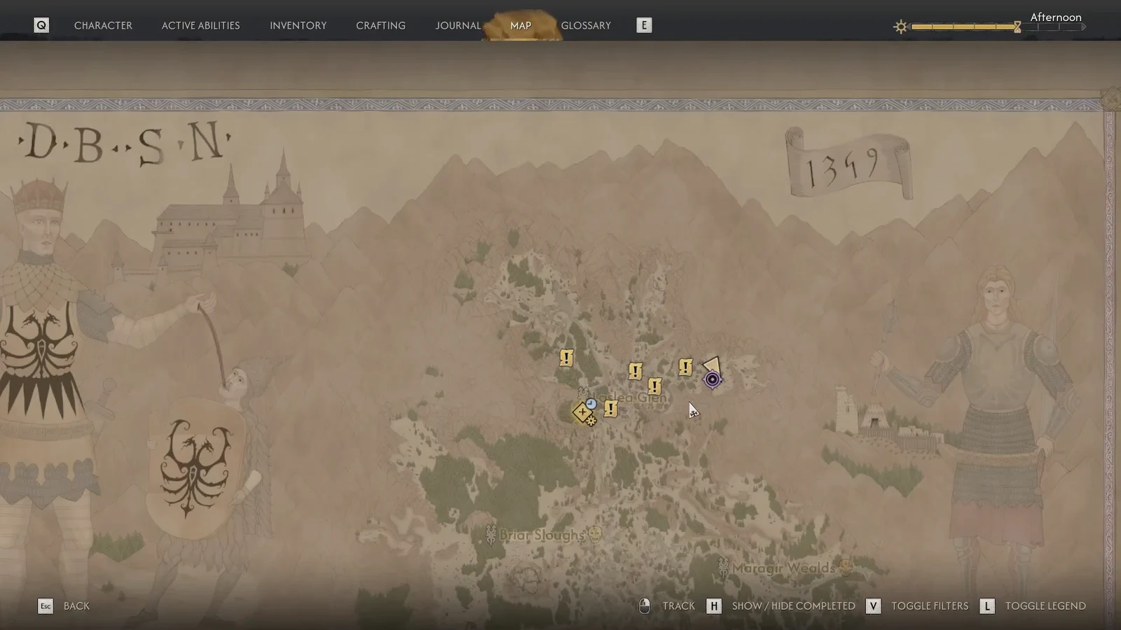 The Blood of Dawnwalker world map with quest markers spread across Briar Sloughs and Maragair Wealds