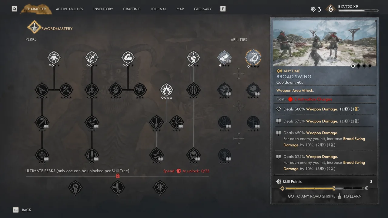 Swordmastery development tree with the Broad Swing ability highlighted and its unlock cost shown