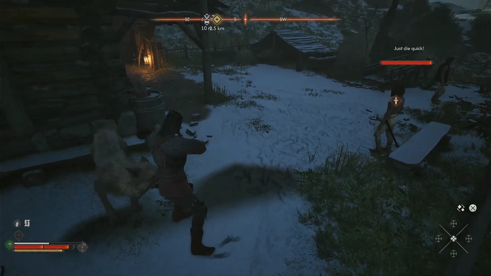 Coen striking a targeted bandit whose health bar is visible during the camp fight