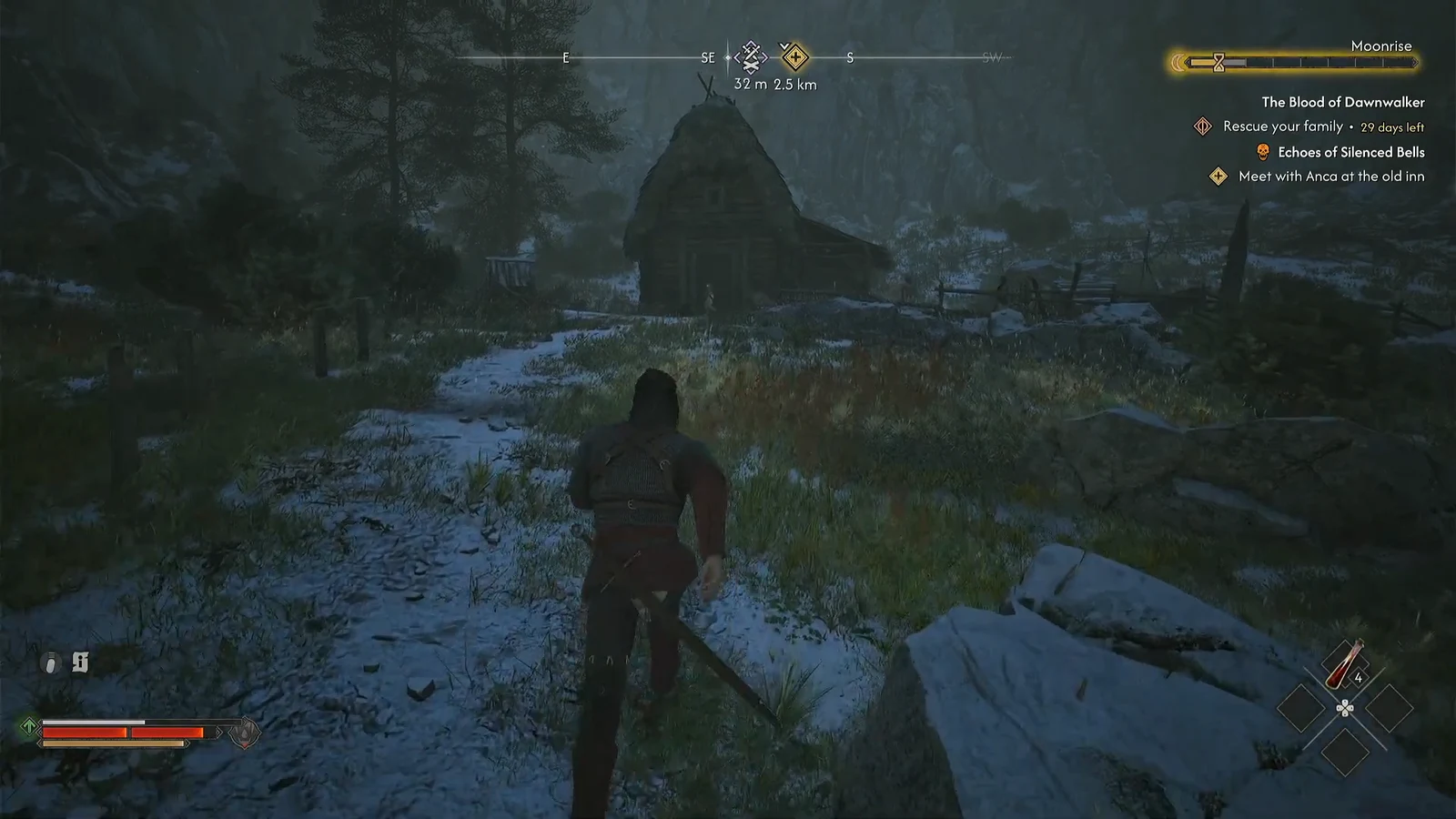 Coen running across snowy ground toward the tracked waypoint marker near the bandit camp