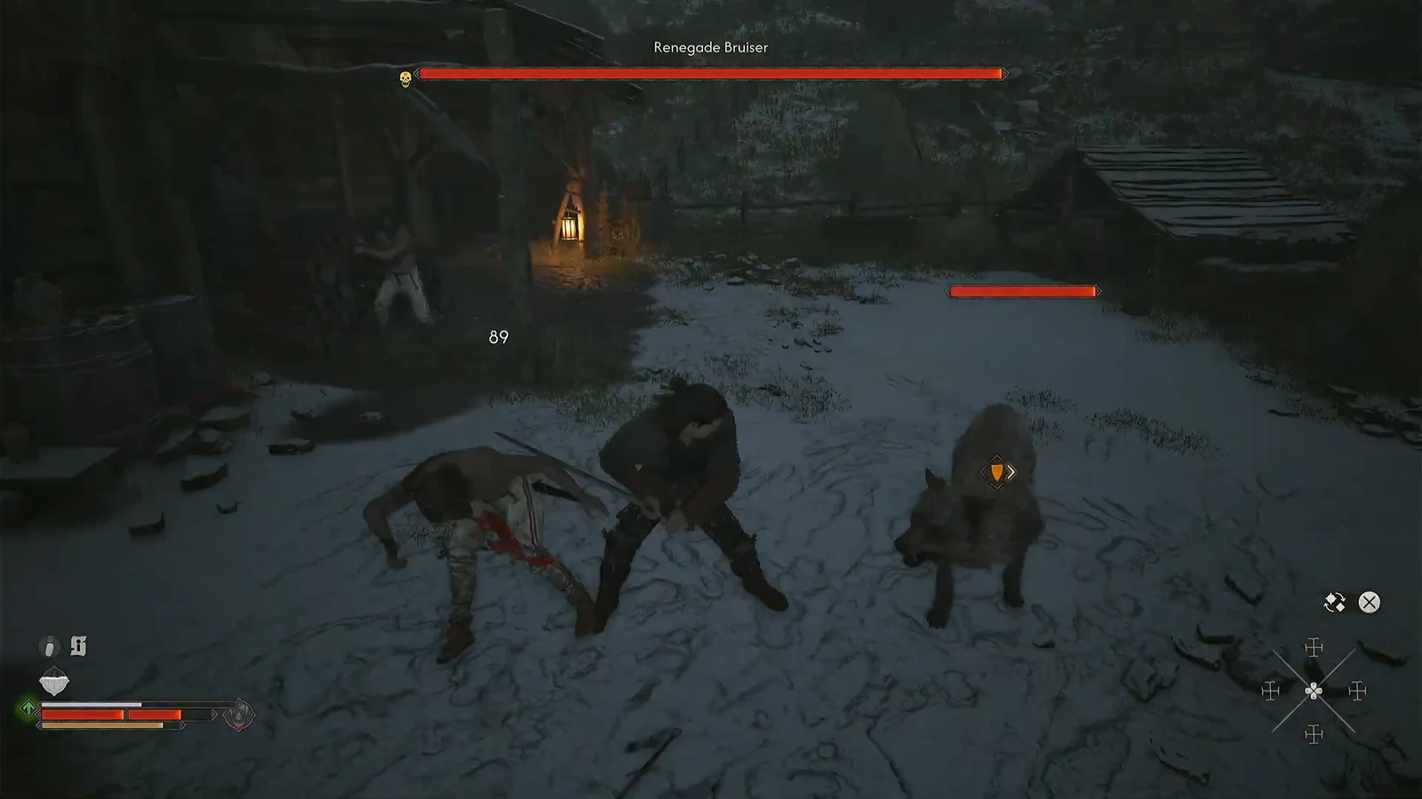 The Renegade Bruiser health bar shown across the top of the screen during the snowy camp fight