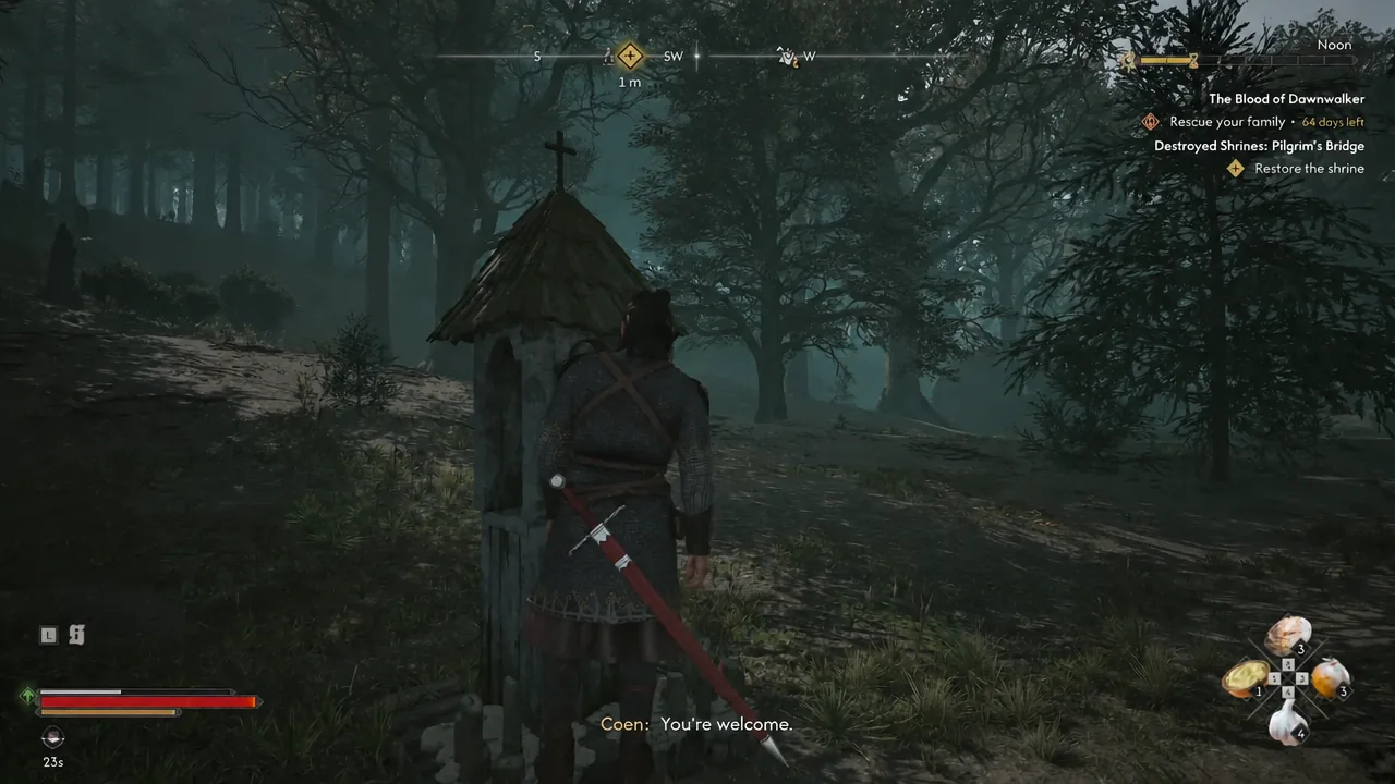 Quest tracker showing Destroyed Shrines: Pilgrim's Bridge as the player reaches the shrine
