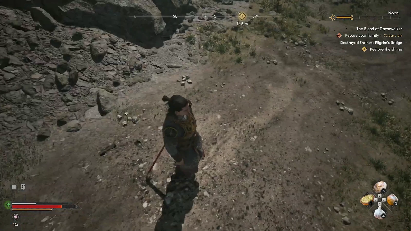 Player crossing rocky ground with the Restore the shrine objective and distance counter on screen