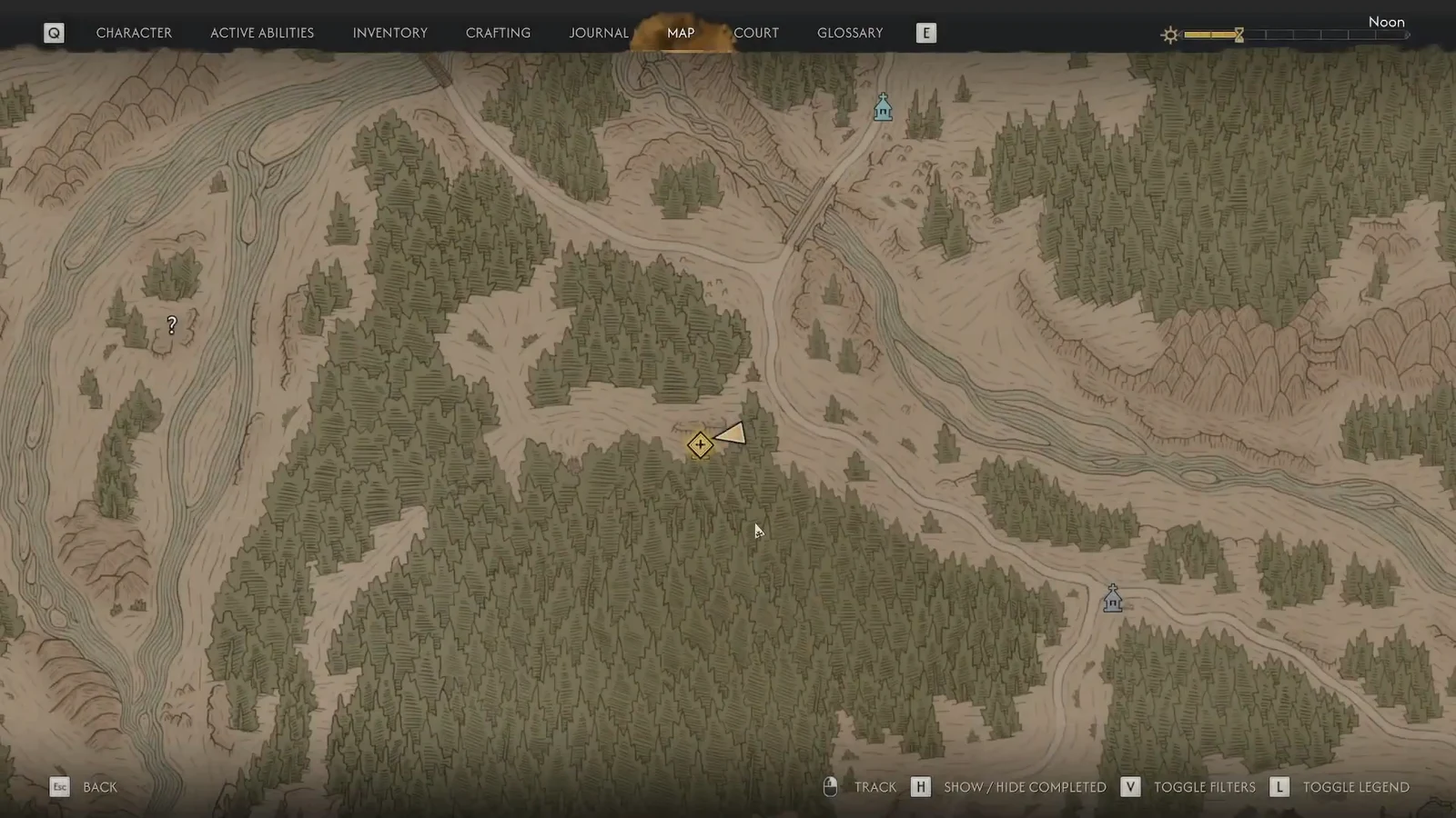 Map screen with the gold quest marker for the Pilgrim's Bridge shrine selected