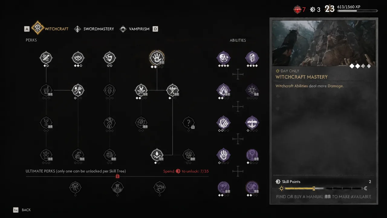 Witchcraft skill tree open at a shrine with Witchcraft Mastery selected