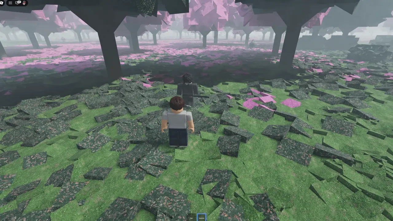 Player approaching a dark-clothed opponent with the katana hotbar slot highlighted in blue