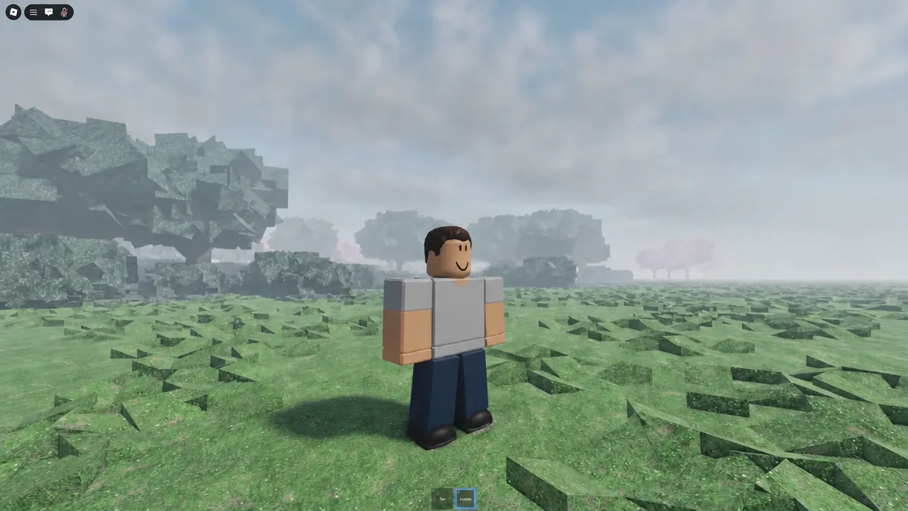 Roblox avatar in a grassy field with the Essence item selected in the hotbar