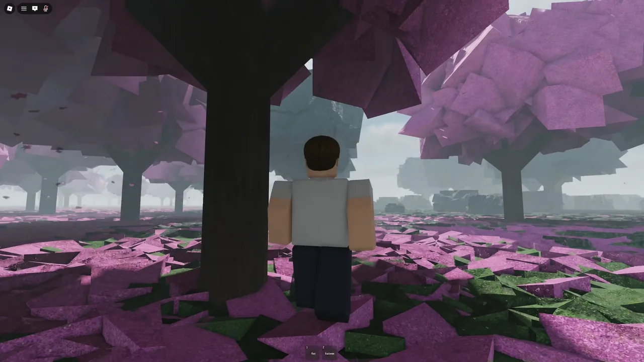 Player character standing in a purple forest with the hotbar shown at the bottom of the screen