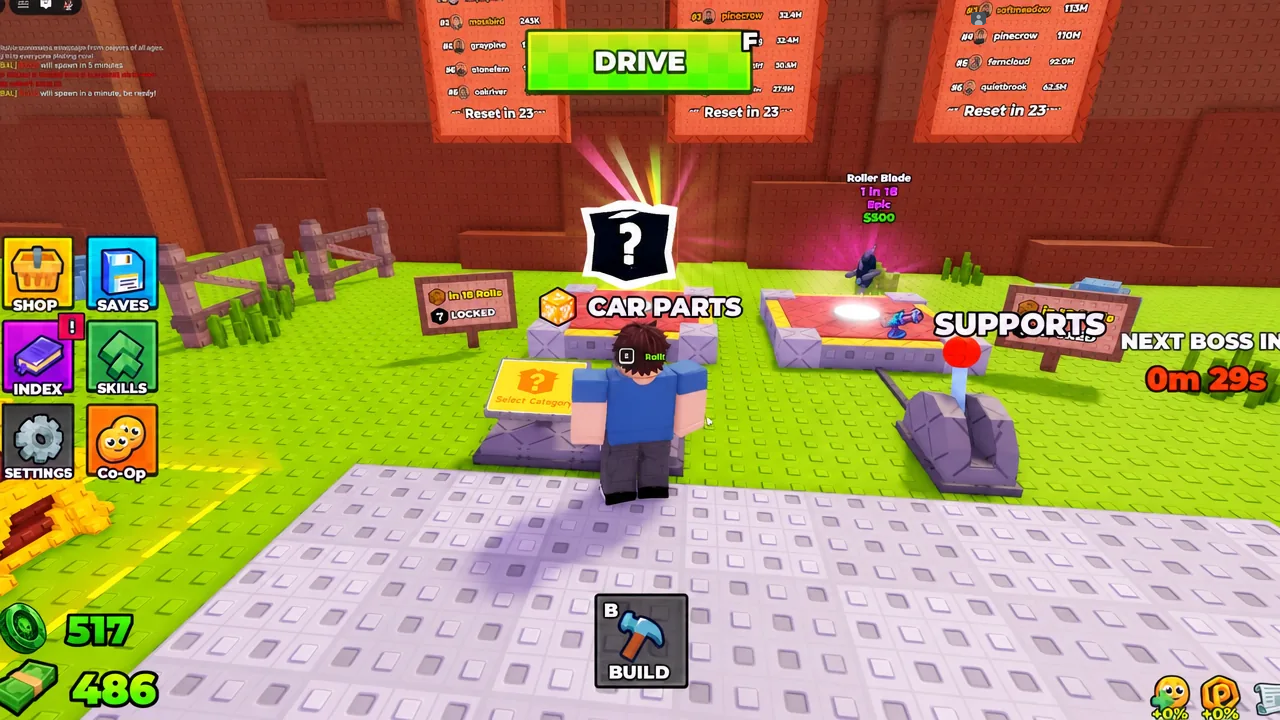 The CAR PARTS machine screen with the Roll button highlighted before a new part is pulled