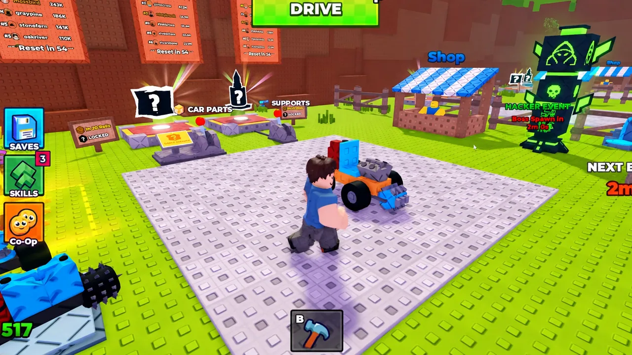 Build Mode at the plot with the hammer tool highlighted while placing parts on the car