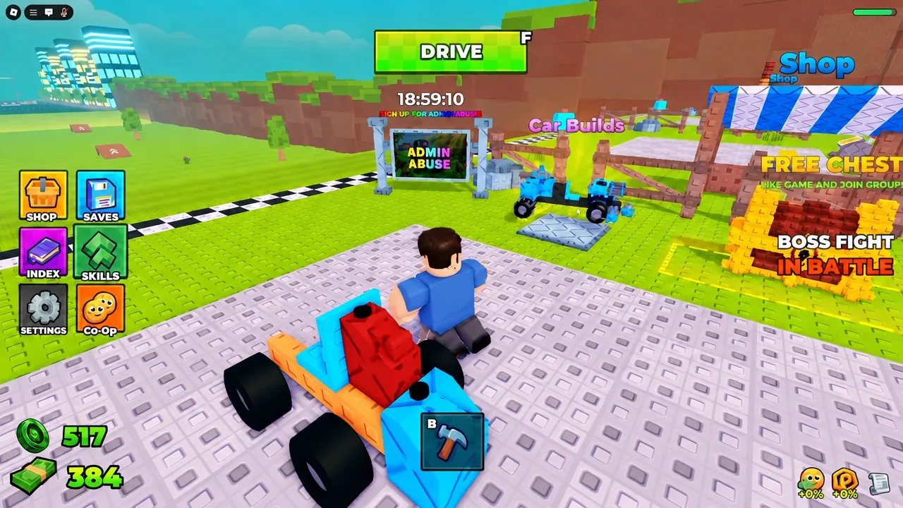 The highlighted DRIVE prompt bound to F while the car moves down the zombie track